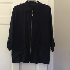 Zara basics zip up jacket with 3/4 button sleeves, navy, gold accents, size M